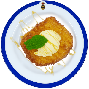 Buñuelo frito con helado de vainilla y salsa de caramelo