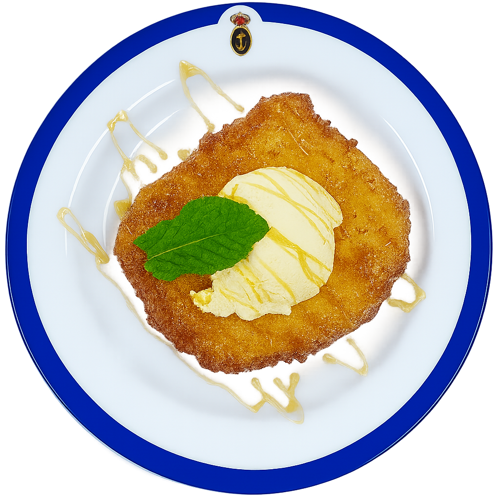 Buñuelo frito con helado de vainilla y salsa de caramelo