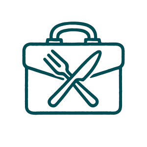 Icono de catering para empresas con maletín y cubiertos estilo hand-drawn en color #0F6F63