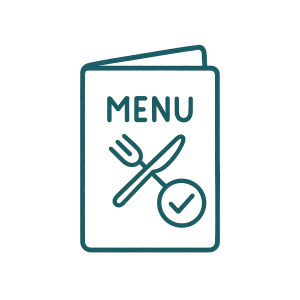 Icono de un menú personalizado dibujado a mano, con un check en la portada, en color verde oscuro (#0F6F63).